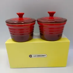 【TAKA57-23】◇ 陶器 LE CREUSET ル クルーゼ ｢蓋付き ラムカン ココット皿 耐熱/保冷｣ チェリーレッド 2個セット