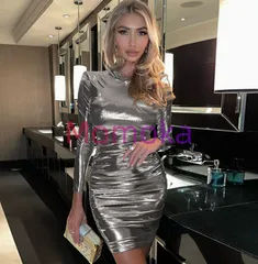 値下げギャザーワンピース 秋冬 フェイクレザー ミニ丈ワンピース 長袖 ハイネック タイトワンピ レディース PU革ボディコンワンピース01144771