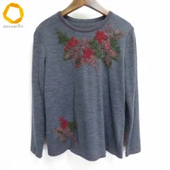 #w レリアン Leilian ニット セーター 7号 グレー 花刺繍 花柄 ウール 毛 100％ 日本製 レディース [972611] k01