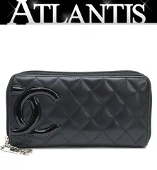 【広尾店】 シャネル CHANEL カンボンライン ラウンドファスナー 長財布 黒×黒 ラムスキン×エナメル 18番台 【17764】