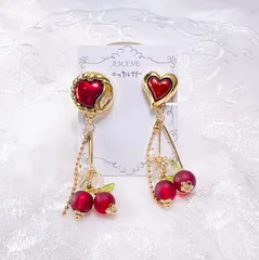 【No.18】赤系 ハート チェリー イヤリング ニッケルフリー