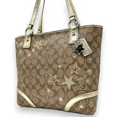 【未使用級】 COACH コーチ トートバッグ F18853 シグネチャー スター 星柄 PVC レザー ブラウン ゴールド レディース A4収納可 肩掛け チャーム付 通勤 通学 エレガント キュート 大容量 s49