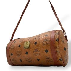 エムシーエム ショルダーバッグ 茶 ヴィセトス柄 ミニボストン 斜め掛け可 MCM ハンドバッグ レザー 本革 ブラウン ゴールド金具 ロゴプレート K4503 自立可