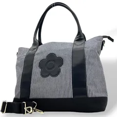 マリークヮント MARY QUANT トートバッグ ストライプ デイジー 花モチーフ ショルダー付き 2WAY 黒 ブラック ホワイト T3