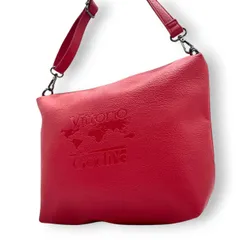 【美品】Vittorio Godi ヴィットリオゴーディ ショルダーバッグ ワンショルダー 斜め掛け可 クロスボディ 本革 レザー シボ革 レッド 赤 ワールドマップ ロゴ型押し レディース カジュアル エレガント クリーニング済み u3