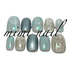 現品限り シルバーミラー＆グレー天然石風ネイルチップ ハンドメイド ジェルコート済