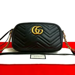 極 美品 袋付き GUCCI グッチ キルティング GGマーモント レザー 本革 チェーン ショルダーバッグ ポシェット サコッシュ ブラック 31047