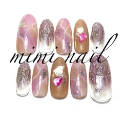 現品限り ベージュ＆パープル天然石風ネイルチップ ハンドメイド ロング ジェルコート済