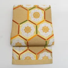 袋帯 正絹 金糸銀糸 金色ｘ緑色ｘオレンジ色 ゴールド系 亀甲に華文紋様 六通柄 フォーマル 礼装 長さ432cm