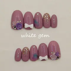 【ガーリー】くすみピンク×立体フラワー&リボン ネイルチップ｜フェミニン [Ato049]