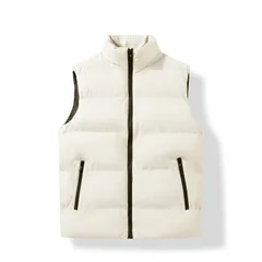 メンズ スタンドカラーベスト 冬 防寒 アウター 保温 中綿 厚手 シンプル カジュアル カーキ