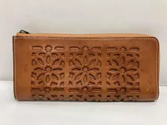 genten カットワーク 長財布 ロングウォレット L字ファスナー レザー ブラウン