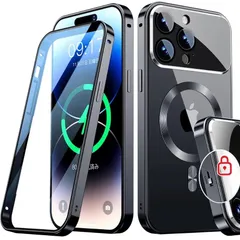 Rosycover【新次元の一体型レンズ・メカニカルロック】iPhone 14 Pro Max 用の ケース Mag-safe対応[360°全面保護・両面強化ガラス][本体の色・CD Mag-safeリング]マグセーフ ワイヤレス充電対応 ストラップホール付き