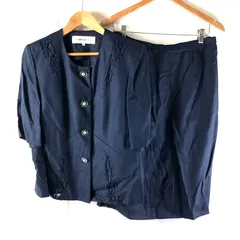 ラピーヌルージュ LAPINE ROUGE スーツ セットアップ 半袖ジャケット 肩パット スカート 裏地付き スリット刺繍 飾りボタン ネイビー 15サイズ 977851