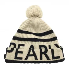 【超美品】パーリーゲイツ ニット帽 ベージュ×黒 ロゴ ライン ボンボン付 FR  ゴルフウェア PEARLY GATES