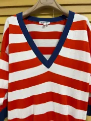 LACOSTE ラコステ レディース レッド ストライプ コットン ONE PIECE Vネックニットワンピース 38