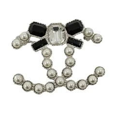 CHANEL ブローチ ビジュー フェイクパール メッキ シルバー ブラック 23K