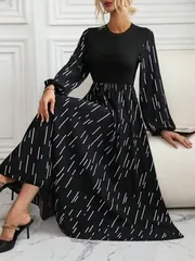 上品ロングワンピースクルーネック着痩せ大人可愛いロングワンピすっきりシンプルブラック長袖