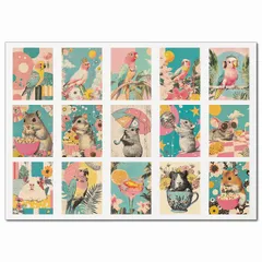 小動物ポップアート A4ステッカー 15柄 シール コラージュ 素材 鳥 ハムスター モルモット 雑貨 かわいい 手帳デコ スマホ 日本製
