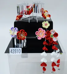 七五三 七歳 七才 7歳 7才 かんざし 簪セット 髪飾り 七歳専用 女児用 日本製 つまみ細工 ビラ付き 赤 ピンク NO42810-1