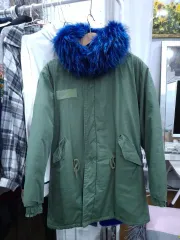 カーキ色 マウンテンパーカー アウター ブルー ファー フード
