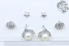 ピアス　ホエールテール/貝/ヒトデ　キュービックジルコニア/ホワイトパール　スターリングシルバー　シルバー/イエローゴールド　ハワイアンジュエリー　ハワジュ　SSE183CZWPRLP-CZP-P/YSE183CZWPRLP-CZP-P