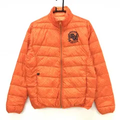 【美品】フィラゴルフ ダウンジャケット オレンジ 総柄 ロゴネイビー レディース M ゴルフウェア FILA GOLF