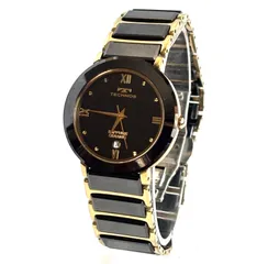 美品 TECHNOS T9120 テクノス セラミック デイト QZ 黒文字盤 メンズ腕時計 現状品