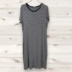 F0291 ギャップ GAP ロングワンピース 半袖 (L) 黒 ボーダー 総柄 Uネック