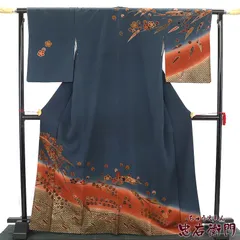 訪問着 袷 レディース 正絹 灰紺 笹 萩 金彩 身丈171cm 裄丈68cm パーティ 観劇 トールサイズ