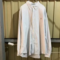 967 RALPH LAUREN 長袖シャツ 水色 白 XXL ラルフローレン ドレスシャツ ストライプ柄 ワンポイント 刺繍ロゴ ポロポニー 古着卸 アメリカ仕入