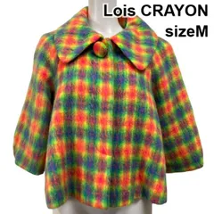 ■ ロイスクレヨン Lois CRAYON コート アウター 五分袖 個性的 襟 蛍光色 チェック柄 蛍光イエロー ピンク 毛 M 9号 レディース S5X526