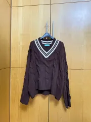 新品) ブラウン Vネック ケーブル編み レディース ニット