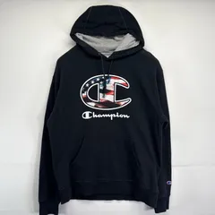 古着 チャンピオン Champion パーカー プルオーバー フーディー ビックプリントロゴデザイン スポーツ L  ブラック メンズ