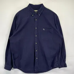 古着 90's/90年代 エディー・バウアー Eddie Bauer 長袖シャツ 白タグ ボタンダウン 無地 ワンポイントロゴ刺繍 アウトドア L  ネイビー メンズ