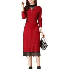 【レディース】クリスマス ニットワンピース 秋冬 膝下丈 ニット×レース 着痩せ デート 忘年会 パーティー きれいめ