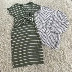 【まとめ売り】GAP  (ギャップ) セット商品 半袖ボーダーロングワンピース 長袖ストライプブラウス ストライプトップス レーヨン混 リネン100％ 2点セット レディースSサイズ