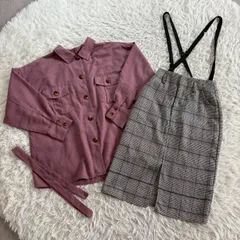 【まとめ売り】Heather （ヘザー） トップススカート2点セット 長袖カラーシャツ 膝丈チェックタイトスカート サスペンダー付き 2点セット レディースSサイズ