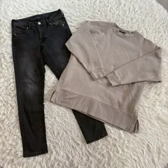 【まとめ売り】AMERICAN HOLIC （アメリカンホリック） パンツトップス2点セット テーパードデニムパンツ 裏起毛トレーナー 大きいサイズ 2点セット