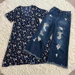 【まとめ売り】one way （ワンウェイ） ワンピースパンツ2点セット 半袖花柄ロングワンピース ダメージワイドデニムパンツ Mサイズ Fサイズ