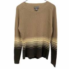 古着 バナナリパブリック BANANA REPUBLIC リブニット セーター 長袖 薄手 ボーダー Vネック 綿100% コットン100% M ブラウン 茶×ベージュ系×緑 レディース