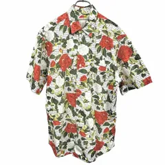 古着 バナナリパブリック BANANA REPUBLIC シャツ 花柄×英字柄 フラワー 半袖 胸ポケット フレンチフロント 綿100% S 白×緑×赤×黄 メンズ