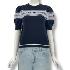 美品 MIU MIU ミュウミュウ セーター 2017年 ウール 半袖 ニット ロゴ ネイビー