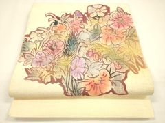 平和屋着物●八寸名古屋帯　ろうけつ染め　紬地　草花文　松坂屋扱い　正絹　逸品　DAAZ4380cm 平和屋着物○八寸名古屋帯 ろうけつ染め 紬地 草花文 松坂屋扱い 正絹