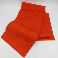 名古屋帯 未仕立て 絹 博多織 オレンジ色 献上柄 全通柄 着物帯 長さ472cm