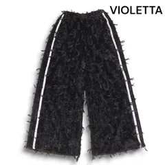 VIOLETTA ヴィオレッタ 秋冬 ラメ フリンジ♪ サイドライン ベロア ワイド パンツ Sz.M　レディース 黒