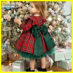 クリスマス 女の子ドレス　ワンピース 110 120 130 140 150 北欧キッズ赤チェック柄かわいい子供グリーン緑リボン