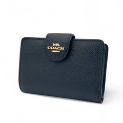 美品 COACH コーチ 二つ折り財布 ウォレット コインケース ゴールド金具 ロゴ レザー ミッドナイト ネイビー 紺 ギフト プレゼント 贈り物