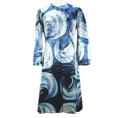 長袖 ベロア ワンピース ロング丈 青系 ブルー 総柄 ベルスリーブ 裏地