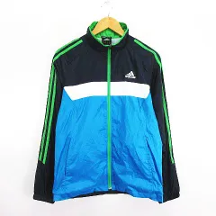 アディダス adidas ジャンパー ブルゾン ウィンドブレーカー 長袖 ジップアップ ライン ロゴ 裏起毛 裏メッシュ M ネイビー×ホワイト×ブルー×グリーン スポーツウェア ※EKM